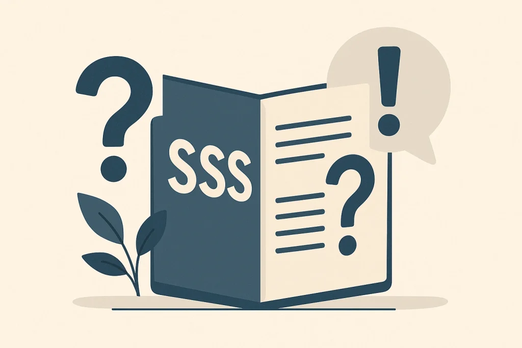 Megapari SSS kitapçığı ve soru işaretleri içeren illüstrasyon